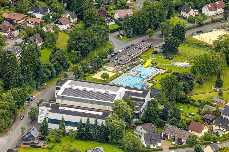 Aerial view, Wabachbad, outdoor pool and sunbathing area, children's pool, Bad Laasphe, Wittgensteiner Land, North Rhine-Westphalia, Germany, architecture, outdoor area, relaxation, refreshment, recreation, adults, families, outdoor pool, leisure, leisure activity, community, green spaces, infrastructure, children, landscape, sunbathing area, nature, splashing, swimming pool, swimming pool, summer, sun, fun, sport, daylight, tourist destination, water, water fun, regional attraction, swimming