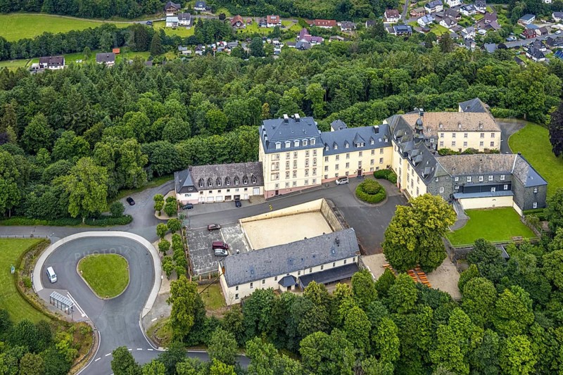 Aerial view, Wittgenstein Castle in the forest, Wittgenstein art, Bad Laasphe, Wittgensteiner Land, North Rhine-Westphalia, Germany, architecture, view, outdoor shot, castle, trees, monument, drone, heritage, Europe, building, green, culture, landscape, nature, panorama, region, travel, castle, Wittgenstein Castle, sight, summer, tourism, surroundings, forest, wooded, historical, rural, picturesque