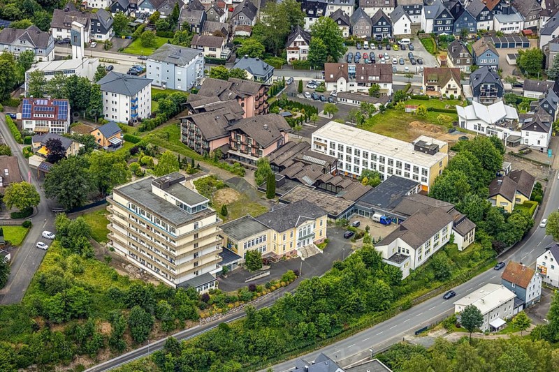 Aerial view, site of the former Emmaburg Clinic, Bad Laasphe, Wittgensteiner Land, North Rhine-Westphalia, Germany, architecture, monument, drone shot, roofs, European, building, terrain, German, history, green spaces, hill, infrastructure, clinic, hospital, landscape, aerial view, nature, perspective, region, record, ruin, landmark, road, structure, environment, past, forest, former Emmaburg Clinic, historical site, rural, abandoned, remains
