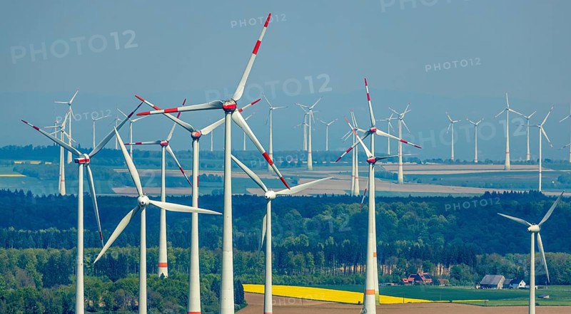 Aerial view, wind park and wind farm wind energy plant, wind turbines and rape fields near Radlinghausen, Messinghausen, Brilon, East Westphalia, Sauerland, North Rhine-Westphalia, Germany, wind park, wind farm, wind energy plant, wind turbines, rape fields, Radlinghausen, renewable energy, sustainable energy, environment, landscape, fields, nature, technology, energy production, rural, village, agricultural landscape, green, agriculture, aerial view, generative energy, alternative energy, clean energy, wind power, yellow fields