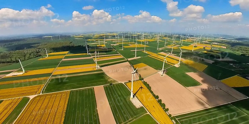 Aerial view, wind farm and wind farm, wind turbine, wind turbines and tiled meadows and fields near Meerhof, earth globe, fisheye image, fisheye image, 360 degree image, tiny world, little planet, fisheye image, Meerhof, Marsberg, East Westphalia, North Rhine-Westphalia, Germany, wind farm, wind farm, wind turbines, tiled meadows, fields, landscape, renewable energy, agriculture, green, nature, sustainable energy, electricity production, aerial perspective, rapeseed fields, technology, infrastructure, energy production, environment, clean energy, architecture, rural, European Union, village