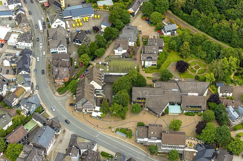 Aerial view, Mushroom Museum at Wilhelmsplatz, Bad Laasphe, Wittgensteiner Land, North Rhine-Westphalia, Germany, architecture, exhibition, education, botanical garden, building, green space, clear weather, context, culture, cultural site, museum, nature, mushroom museum, square, region, travel, sight, city centre, daytime, tourism, urban, landmark, Wilhelmsplatz, science