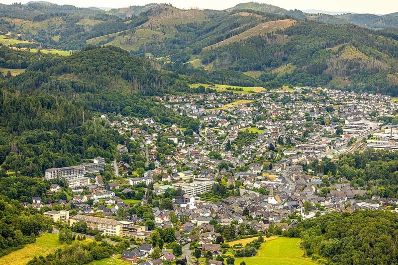 Aerial view, local view and residential area, hilly landscape of Waldeck, forest area with forest damage, Bad Laasphe, Wittgensteiner Land, North Rhine-Westphalia, Germany, trees, village, elevation, Europe, building, green, autumn, houses, hill, landscape, aerial view, nature, local view, perspective, region, settlement, environment, forest area, forest damage, forest dieback, residential area, destruction, rural, vegetation, ecological damage