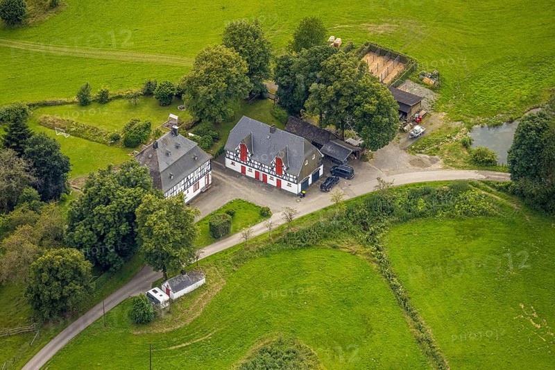 Aerial view, forester's lodge Homrighausen, hunting dogs, half-timbered house, Bad Berleburg, Wittgensteiner Land, North Rhine-Westphalia, Germany, architecture, exterior view, trees, village, half-timbered, forester's lodge, forestry, building, green, sky, Homrighausen, hunting, hunting dogs, classic, landscape, landscape conservation, nature, region, structure, animals, surroundings, bird's eye view, forest, historic buildings, rural, traditional