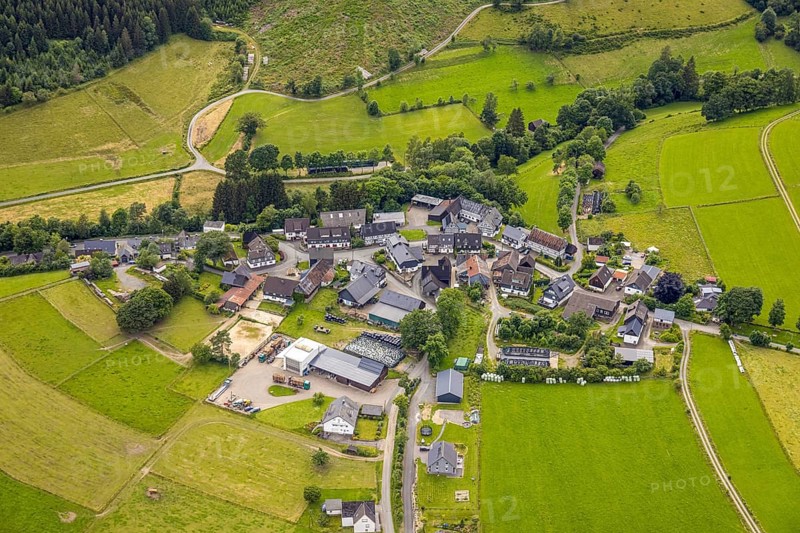 Aerial view, residential area local view Schüllar, Bad Berleburg, Wittgensteiner Land, North Rhine-Westphalia, Germany, architecture, tree landscape, village, village life, roofs, buildings, community, green areas, sky, houses, real estate, infrastructure, landscape, aerial view, nature, local view, regions Germany, Schüllar, settlement, town planning, streets, topography, surroundings, residential area, German village, European town, rural