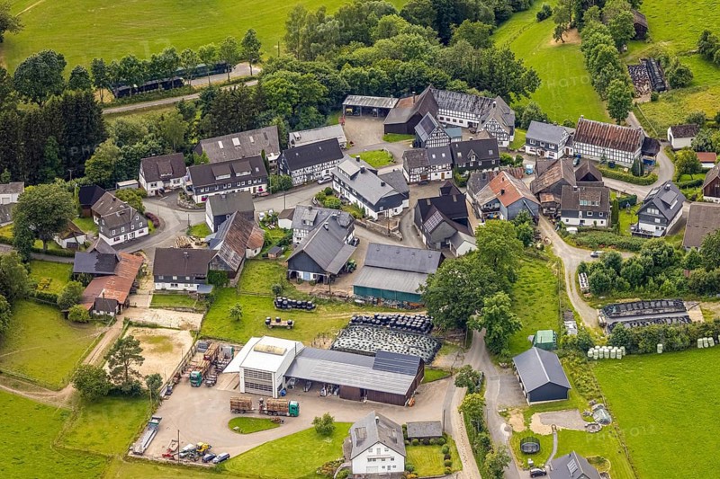 Aerial view, residential area local view Schüllar, Bad Berleburg, Wittgensteiner Land, North Rhine-Westphalia, Germany, architecture, trees, village, roofs, Europe, buildings, green areas, home, houses, infrastructure, landscape, nature, local view, region, Ruhr area, Schüllar, settlement, settlement structure, summer, town, streets, daylight, topography, environment, bird's eye view, residential area, residential houses, German town, rural