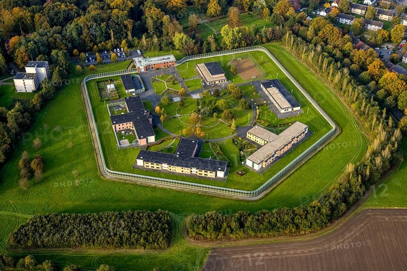 Aerial view, Forensic Psychiatry - LVR Clinic, Houses F1 to F7, Bedburg-Hau, Lower Rhine, North Rhine-Westphalia, Germany, Forensic Psychiatry, LVR Clinic, building, F1, F2, F3, F4, F5, F6, F7, hospital, institution, architecture, terrain, structure, forests, streets, surroundings, health facility, overview, landscape, sky, green spaces, roofs, infrastructure, medicine, care, security, therapy, treatment, clinic, institution, location