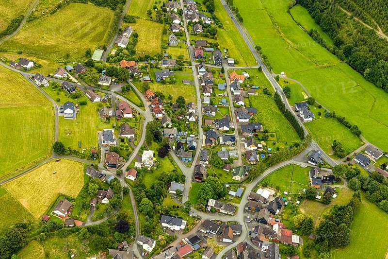 Aerial view, local view and residential area Herbertshausen, Bad Laasphe, Wittgensteiner Land, North Rhine-Westphalia, Germany, architecture, trees, village, roofs, leisure, building, community life, home, Herbertshausen, sky, houses, idyll, infrastructure, landscape, life, neighbourhood, nature, local view, settlement, summer, townscape, streets, day, environment, residential area, rural, overview