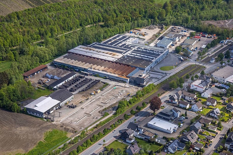 Aerial view, Bestwig M. bush GmbH plant, A46 motorway, Bestwig, Sauerland, North Rhine-Westphalia, Germany, plant, M. bush GmbH, industrial site, factory, road connection, building, infrastructure, production, business, technology, company, transport network, top view, geography, city, region, landscape, transport, industrial zone, road network, development, location, technology, economy, North Rhine, city view, production, aerial view