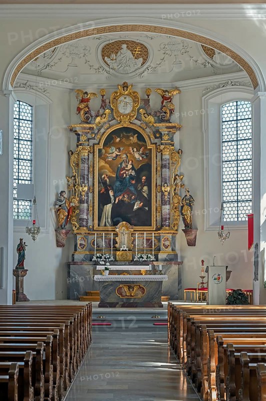Main altar in the Roman Catholic parish church of the Assumption of the Virgin Mary in Gebrazhofen, part of the large district town of Leutkirch im Allgäu, Ravensburg district, Baden-Württemberg, Germany