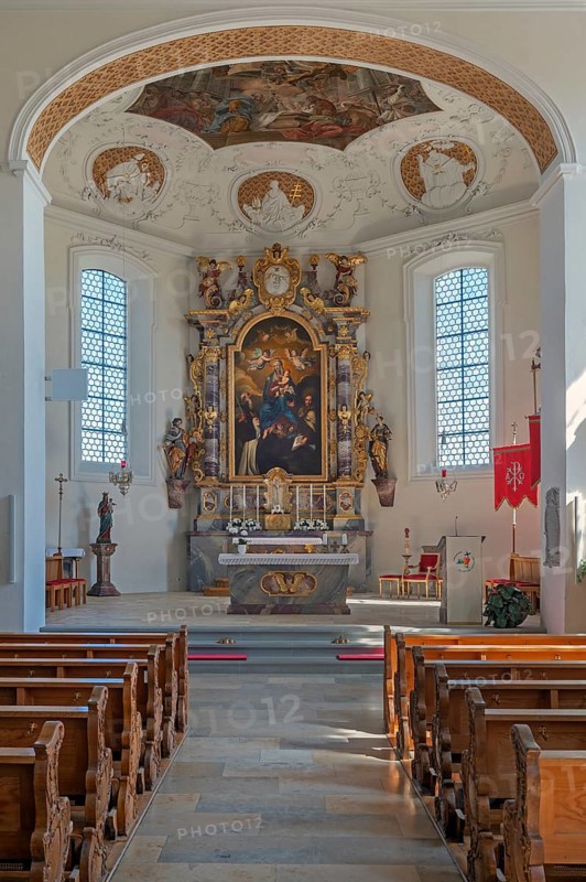 Interior of the Roman Catholic parish church of the Assumption of the Virgin Mary, main altar with image of the Virgin Mary in Gebrazhofen, district of the large district town of Leutkirch im Allgäu, district of Ravensburg, Baden-Württemberg, Germany