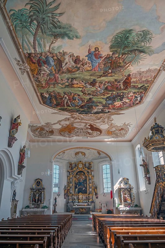 Interior of the Roman Catholic parish church of the Assumption of the Virgin Mary with ceiling frescoes in Gebrazhofen, district of the large district town of Leutkirch im Allgäu, district of Ravensburg, Baden-Württemberg, Germany