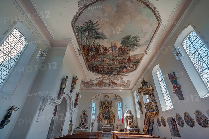 Interior of the Roman Catholic parish church of the Assumption of the Virgin Mary in Gebrazhofen, district of the large district town of Leutkirch im Allgäu, district of Ravensburg, Baden-Württemberg, Germany
