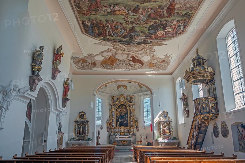 Interior of the Roman Catholic parish church of the Assumption of the Virgin Mary with ceiling frescoes in Gebrazhofen, district of the large district town of Leutkirch im Allgäu, district of Ravensburg, Baden-Württemberg, Germany