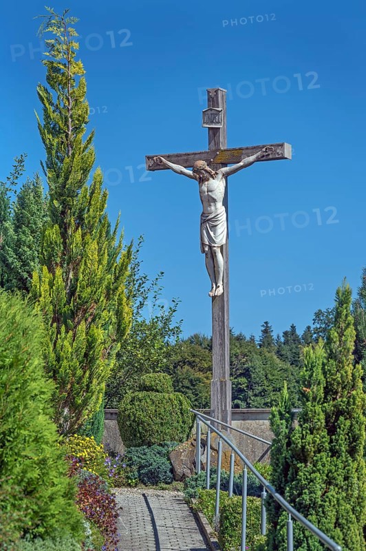 Crucifix and the tree of life (Thuja) at the Roman Catholic parish church of the Assumption of the Virgin Mary in Gebrazhofen, district of the large district town of Leutkirch im Allgäu, district of Ravensburg, Baden-Württemberg, Germany