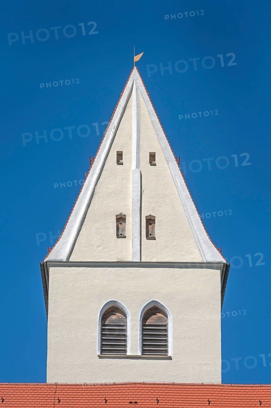 Pointed gable tower of the Roman Catholic parish church of the Assumption of the Virgin Mary in Gebrazhofen, district of the large district town of Leutkirch im Allgäu, district of Ravensburg, Baden-Württemberg, Germany