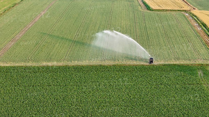 Irrigation system watering soybeans during springtime in the fertile Po Valley region of Northern Italy with a rain gun sprinkler applying water to the crop