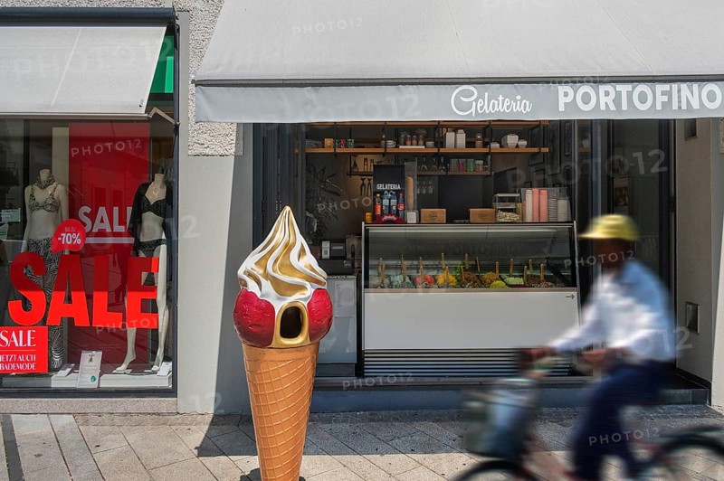 Shop window with swimwear 70% SALE, and gelateria, Dornbirn, Vorarlberg, Austria
