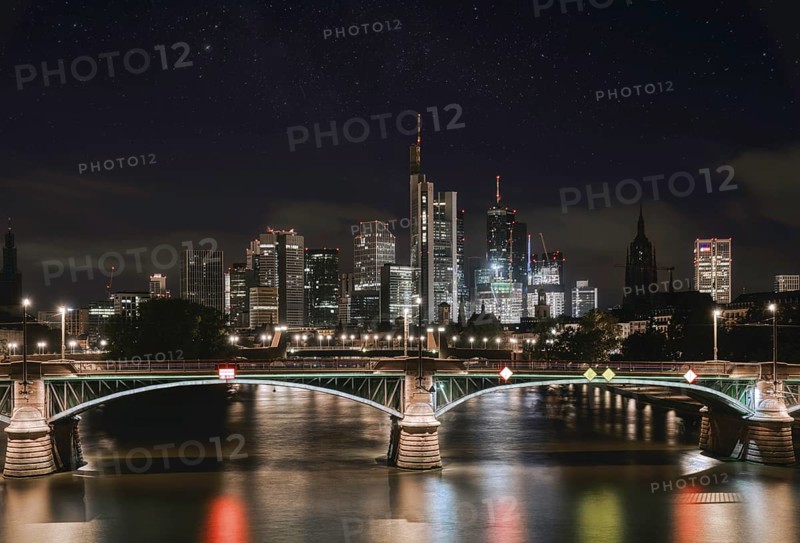Frankfurt skyline at night over the Main, illuminated under the stars, city centre, Frankfurt am Main, Hesse, Germany
