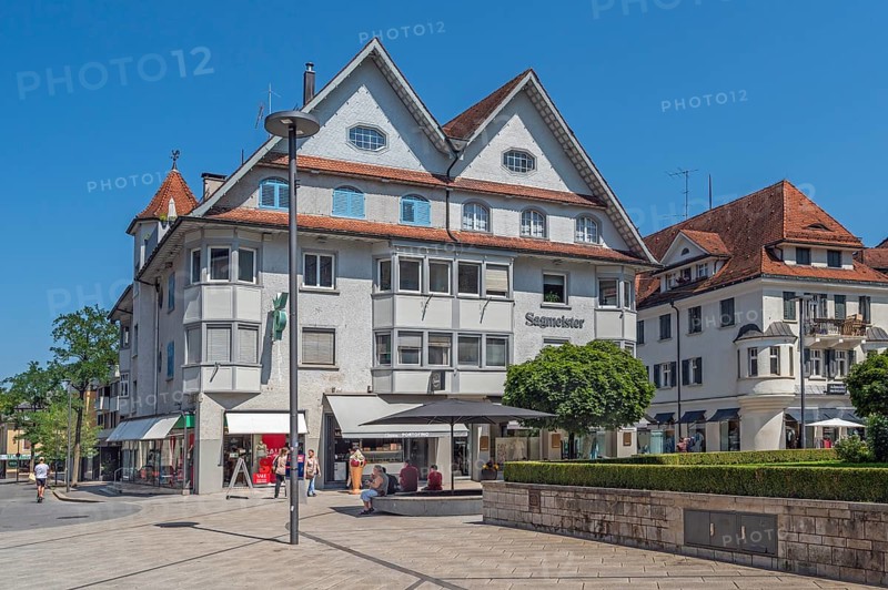 Pointed gable house with turrets, Sagmeister fashion house on the market square, Dornbirn, Vorarlberg, Austria