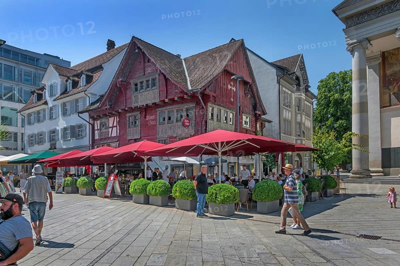 The Red House, built in 1639, got its red colour from the protective coating of ox blood and ox gall that was common in the 18th century, market square, Dornbirn, Vorarlberg, Austria