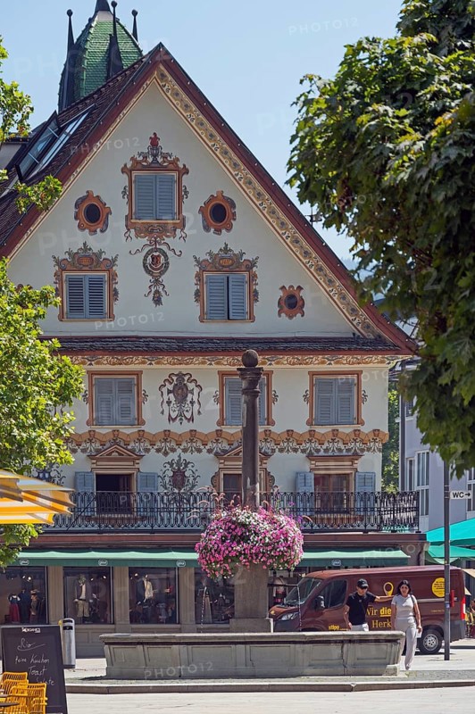 The Steinhauser or Johann Luger House on the market square with fountain, Dornbirn, Vorarlberg, Austria