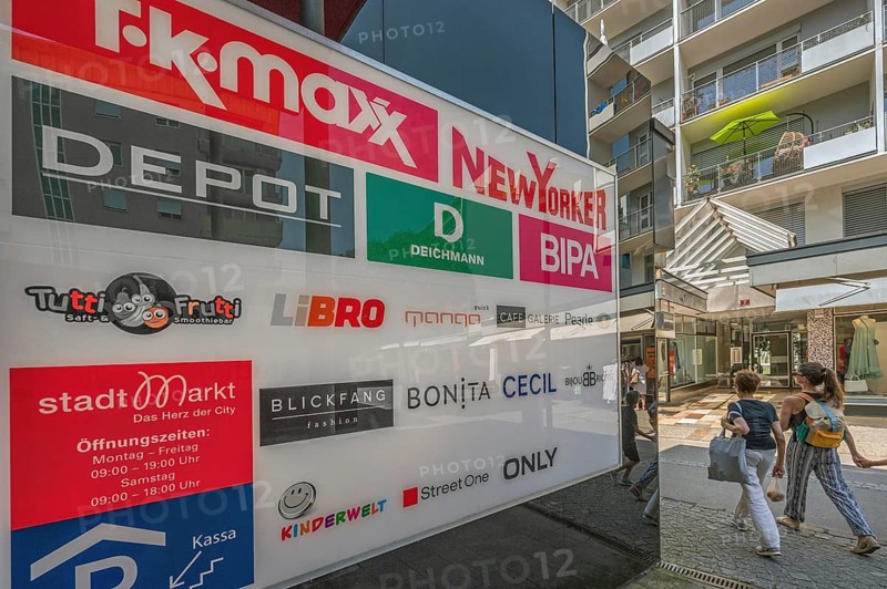 Sign with advertising and logos, Dornbirn, Vorarlberg, Austria