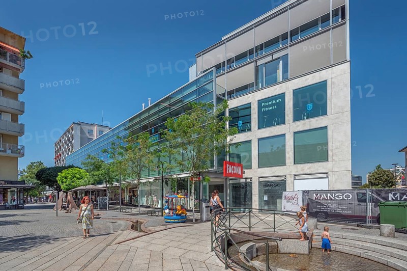 Concrete buildings with large glass façade and fountain, Dornbirn, Vorarlberg, Austria