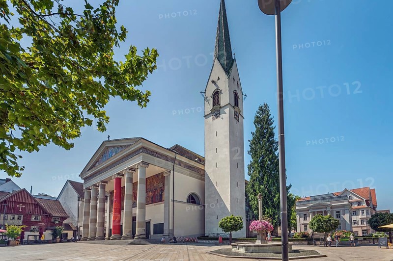 The Roman Catholic parish church of St Martin, entrance with a monumental Ionic temple façade with six free columns and classical pediment triangle, Dornbirn, Vorarlberg, Austria