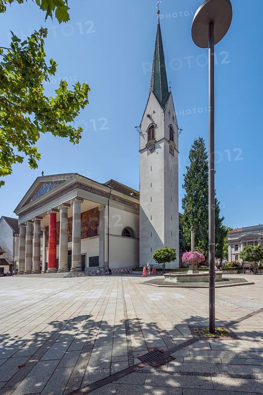 The Roman Catholic parish church of St Martin, entrance with a monumental Ionic temple façade with six free columns and classical pediment triangle, Dornbirn, Vorarlberg, Austria