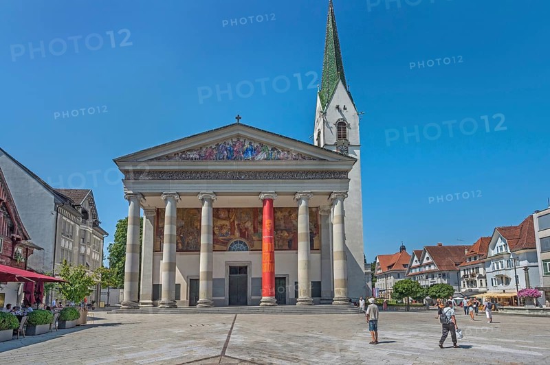 The Roman Catholic parish church of St Martin, entrance with a monumental Ionic temple façade with six free columns and classical pediment triangle, Dornbirn, Vorarlberg, Austria
