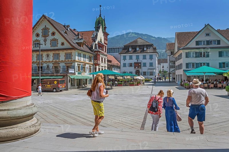 The Steinhauser or Johann Luger House and the town museum with tourists on the market square, Dornbirn, Vorarlberg, Austria