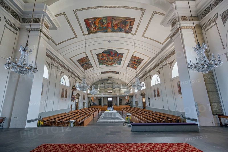 The Roman Catholic parish church of St Martin, interior with organ loft, Behmann organ and ceiling frescoes, Dornbirn, Vorarlberg