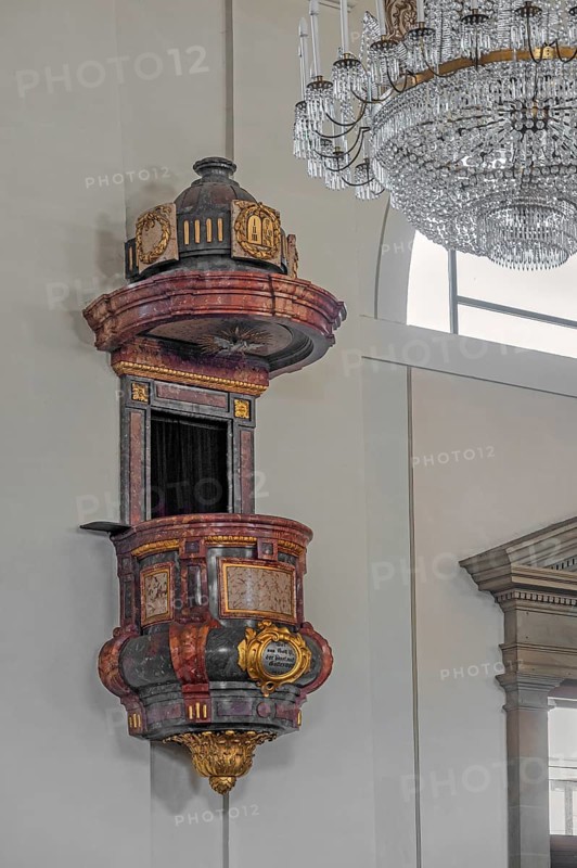 The Roman Catholic parish church of St Martin, interior with pulpit and crystal chandelier, Dornbirn, Vorarlberg, Austria