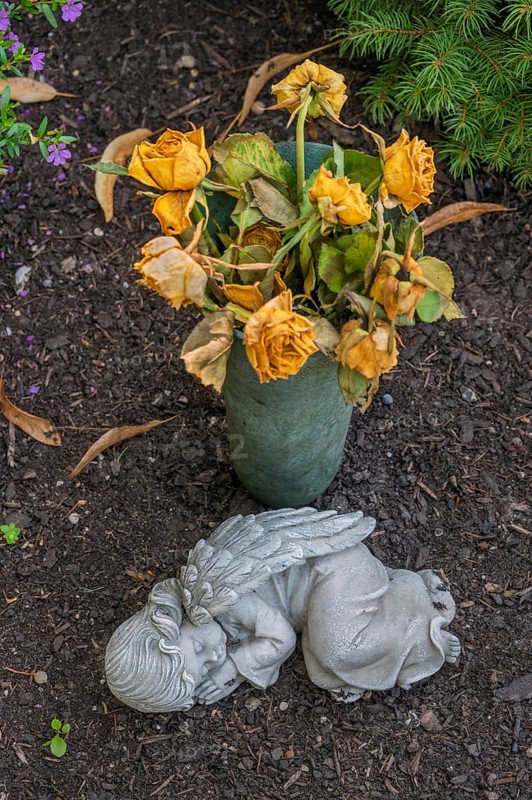 Gravesite with sleeping putti and wilting yellow roses, catholic cemetery, Kempten, Allgäu, Bavaria, Germany