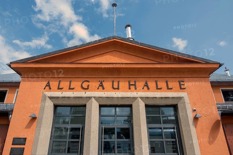 Façade with pointed gable, Allgäuhalle, Kempten, Allgäu, Bavaria, Germany