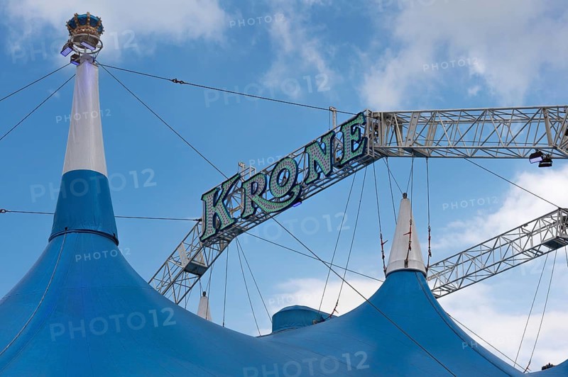 Circus tent, circus tent with large luminous lettering in front of a blue sky, Circus-Krone, Kempten, Allgäu, Bavaria, Germany