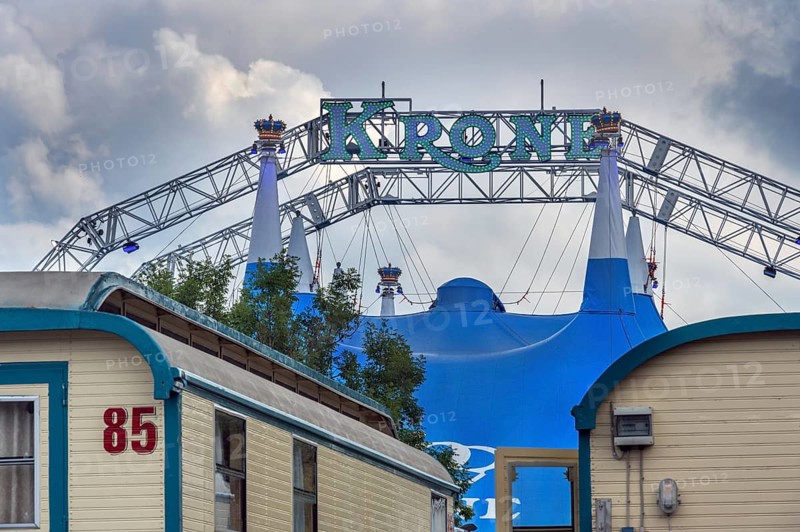 A steel structure holds the tent roof and lettering, circus tent, circus tent, Circus-Krone, Kempten, Allgäu, Bavaria, Germany