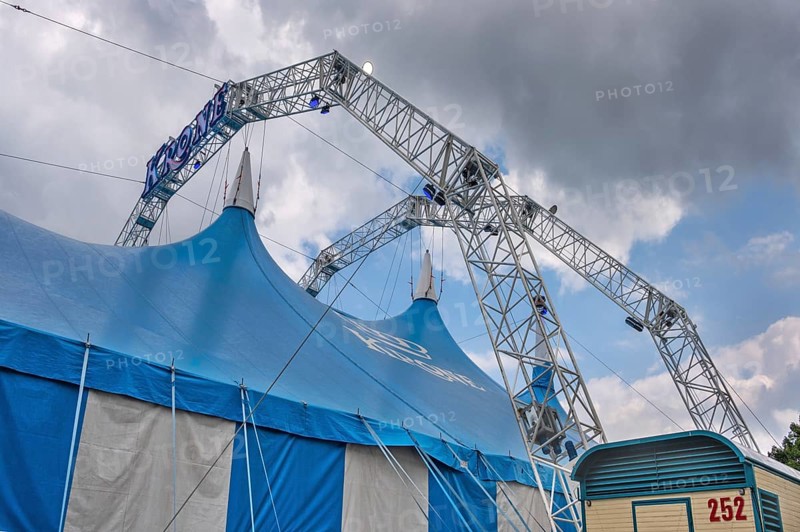 A steel structure holds the tent roof and lettering, circus tent, circus tent, Circus-Krone, Kempten, Allgäu, Bavaria, Germany