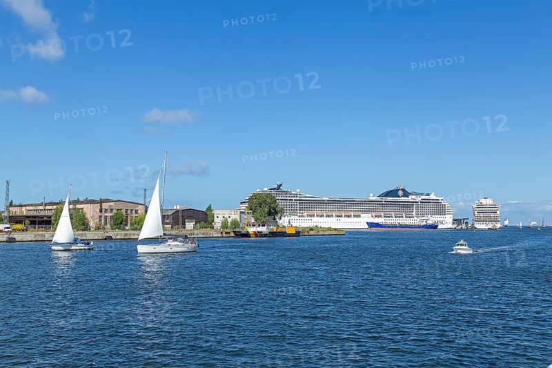 Cruise ships MSC Poesia and Aida mar in the harbour, sailing boats, Hanse-Sail, Unterwarnow, Warnemünde, Rostock, Mecklenburg-Western Pomerania, Germany