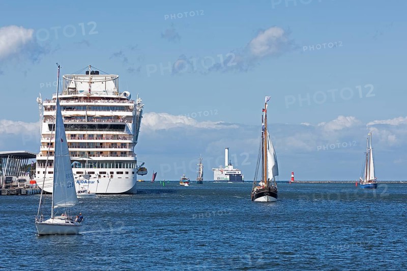 Cruise ship Aida mar in the harbour, sailing boats, Hanse Sail, Unterwarnow, Warnemünde, Rostock, Mecklenburg-Vorpommern, Germany