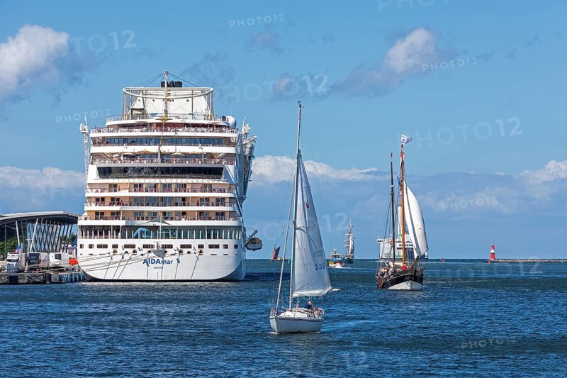 Cruise ship Aida mar in the harbour, sailing boats, Hanse Sail, Unterwarnow, Warnemünde, Rostock, Mecklenburg-Vorpommern, Germany