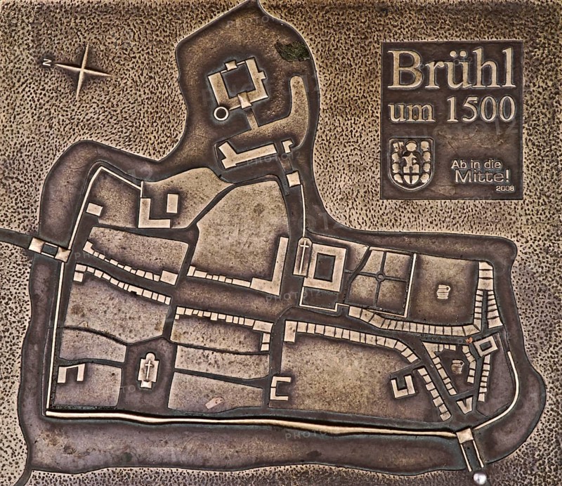 Relief of the historic town around 1500, fortification, rampart, moat, late Middle Ages, church, east-west connection, streets, town coat of arms, houses, Brühl, North Rhine-Westphalia, Germany