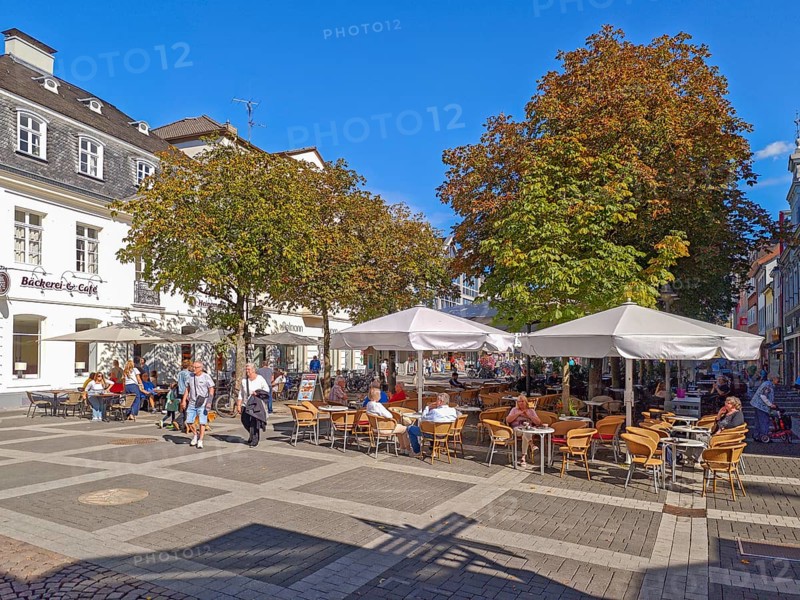 Pedestrian zone, traffic-calmed, café, trees, pavement, old town, architecture, shops, people, blue sky, sunshine, Brühl, North Rhine-Westphalia, Germany