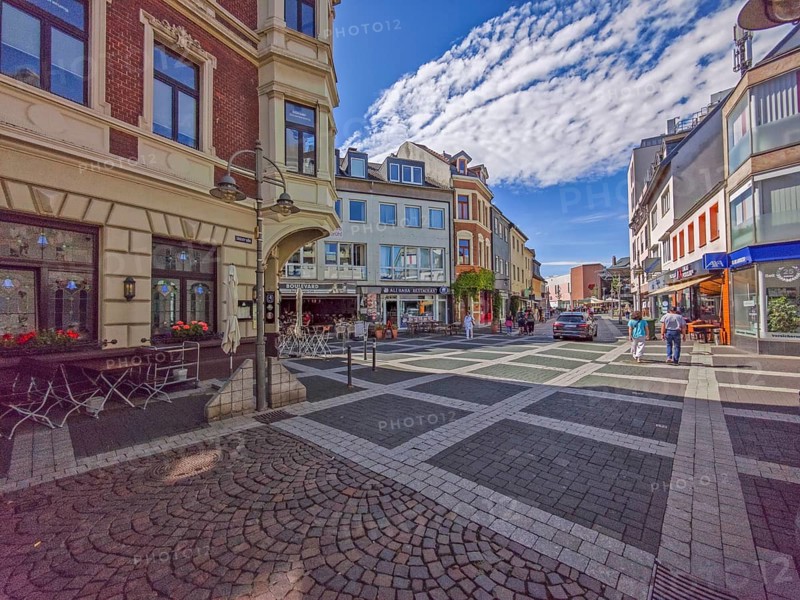 Pedestrian zone, traffic-calmed, old town, architecture, restaurant, flower box, shops, car, blue sky, sunshine, Brühl, North Rhine-Westphalia, Germany