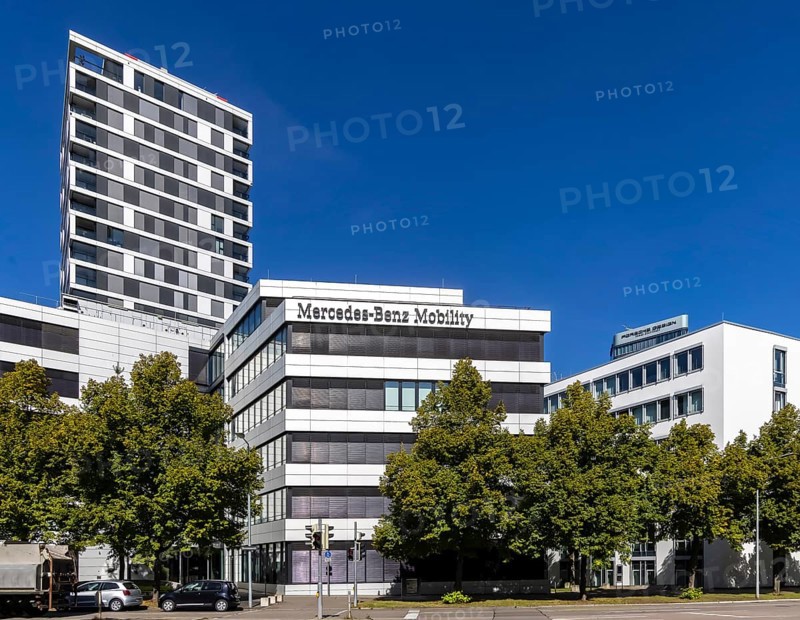 Mercedes-Benz Mobility. Exterior view with logo. Stuttgart, Baden-Württemberg, Germany