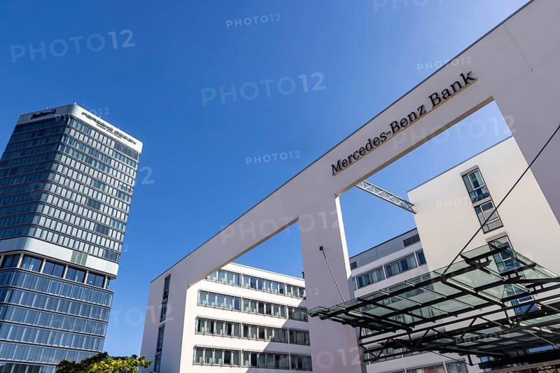 Mercedes Benz Bank Stuttgart. Exterior view with logo. On the left the Porsche Design Tower. Stuttgart, Baden-Württemberg, Germany