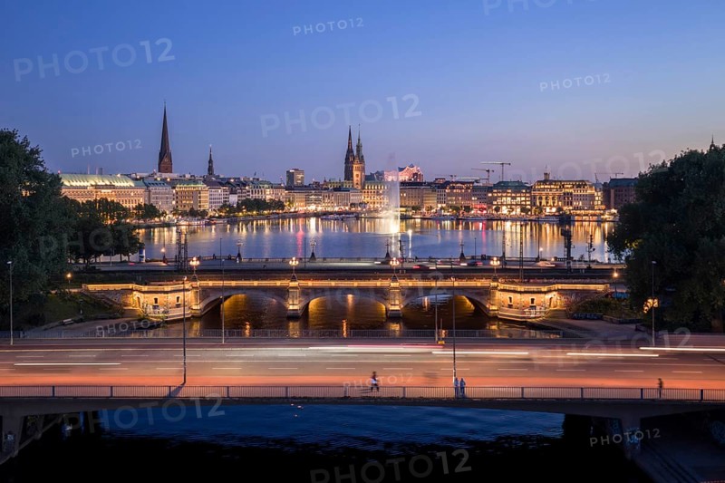 Aerial view of the Outer Alster and Inner Alster with Kennedy Bridge, Alster Fountain, Jungfernstieg, City Hall and Elbphilharmonie at blue hour, Hamburg, Germany