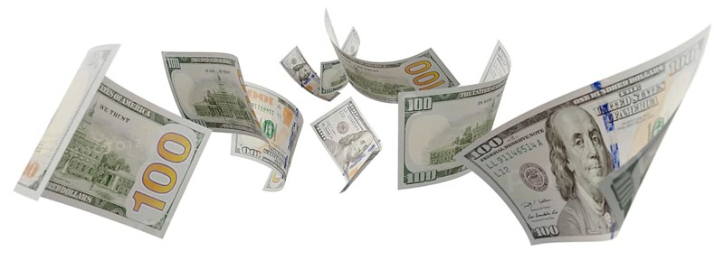 Randomly falling U.S. 100 dollar bills isolated on a white background