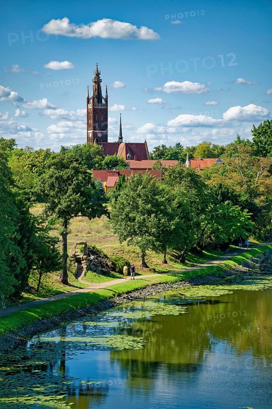 Wörlitz St Peter's Church with the Bible Tower, Lake Wörlitz, Wörlitz Park, Wörlitz Gardens, Garden Kingdom of Dessau-Wörlitz, UNESCO World Heritage Site, Wörlitz, Dessau-Roßlau, Saxony-Anhalt, Germany